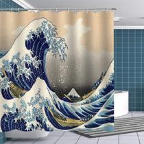 Cortina de chuveiro Fuortia Hokusai Great Wave Fabric Ocean