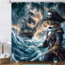 Cortina de chuveiro Xguatan Funny Cat Pirate Ship Ocean Waves Cortina de chuveiro Xguatan Funny Cat Pirate Ship Ocean Waves