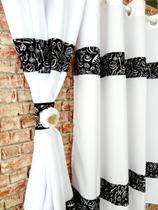 Cortina De Cozinha Com Barrado Estampado 2m X 1,50m Preto E Branco Com Abraçadeira