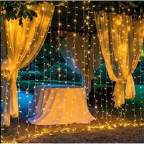Cortina De Fio De Fada 300 Leds 3x2m Amarela/Branca 8 Modos Com Controle Enfeites De Natal