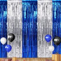 Cortina de franja, decorações de fundo, pacote com 3, 1 m x 2 m, azul, prata