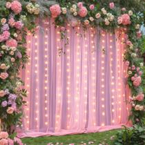 Cortina de fundo de tule Wish Care rosa 3x3m com cordão de luzes Cortina de fundo de tule Wish Care rosa 3x3m com cordão de luzes