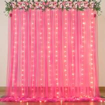 Cortina de Fundo Suppromo de Tule Rosa Choque com Luzes - 3x3m