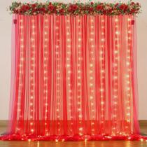 Cortina de Fundo Suppromo - Tule Vermelha 3x3m com Cordão de Luzes