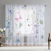Cortina de janela Fereyis Floral Leaves 160x160cm 2 painéis azul rosa