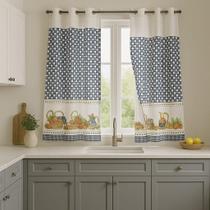 Cortina Decorativa Para Cozinha Xadrez Azul E Branca Frutas