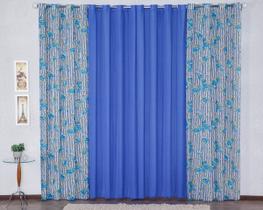 Cortina Decorativa para Sala Quarto Escritório Malha Gel Ilhós Mista 2,00m x 1,60m Estampa 3 Floral Azul