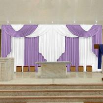 Cortina elegance 8,00 x 2,80 para igreja varao duplo lilas com branco - CASA TUDO ENXOVAIS