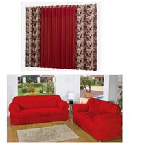 Cortina Flora 02 Metros Estampada + Kit Capa Sofá 2/3 Lugares Vermelho
