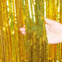 Cortina Franja Metalizada Holográfica 1x2m Festa Decoração Dourada Cortina Franja Metalizada Holográfica 1x2m Festa Decoração Dourada