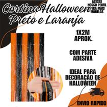 Cortina Halloween Laranja Preto Decoração Metalizada 1mx2m