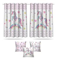 Cortina Infantil Quarto Unicórnio Mod 6 + 3 Capas Almofada