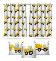 Cortina Infantil Trator Amarelo + 3 Capas Almofadas 2,6x1,5m