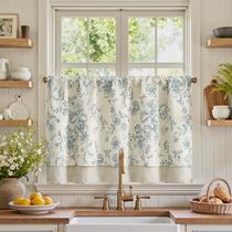 Cortina Jinchan de Lino Floral 61x24 cm Azul Beige