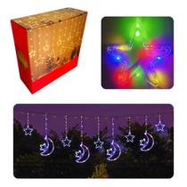 Cortina LED pisca pisca 3m Estrela e Lua Bivolt com 8 Modos de Luz e Conexão Extra para Decoração Natalina