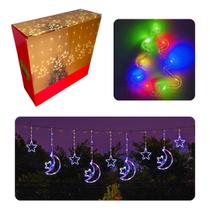 Cortina LED pisca pisca 3m Estrela e Lua Bivolt com 8 Modos de Luz e Conexão Extra para Decoração Natalina