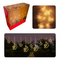 Cortina LED pisca pisca 3m Estrela e Lua Bivolt com 8 Modos de Luz e Conexão Extra para Decoração Natalina