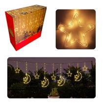 Cortina LED pisca pisca 3m Estrela e Lua Bivolt com 8 Modos de Luz e Conexão Extra para Decoração Natalina