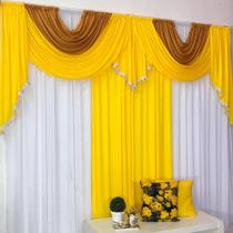 Cortina Mayara Varão Duplo Malha e Franja 3,00m x 2,60m Sala Quarto - Amarelo Mostarda Branco