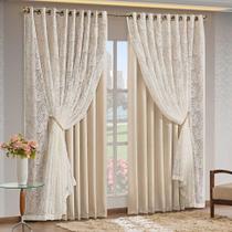 Cortina Monalisa 3,00M X 2,70M Varão Simples Tecido Blackout Com Renda Floral - Palha Cortina Monalisa 3,00M X 2,70M Varão Simples Tecido Blackout Com Renda Floral - Palha