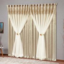 Cortina Nobreza 3,00m x 2,50m Tecido Cetim Amassado Voil Bandô Bordado Floral - Bronze - 100% Poliéster