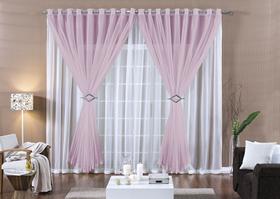 Cortina para janela 2,00m x 1,70m rosa com branco tecido voal varão e ilhós - Paula