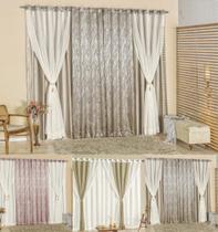 cortina para sala quarto com voal 200cm x 180cm c/ puxadores de pedraria moderna