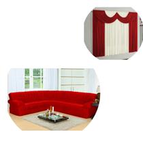 Cortina Paris 02 Metros + Kit Capa Sofá Canto 5/6 Lugares Vermelho