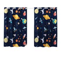 Cortina Pequena Quarto Criança Basica Menino 2,00x1,40 P/ Varao Simples Decoração Astronauta Jupiter Marinho