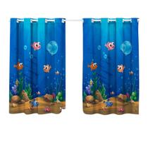 Cortina Pequena Quarto Infantil Criança Simples 2,00x1,40 Menino Menina Fundo Mar Peixinhos Azul Basica