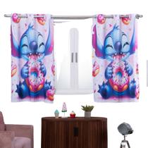 Cortina Quarto Infantil Criança Kids Pequena 2,00x1,40 Estampada Decorativa Varao Simples Menino Menina Stich Azul