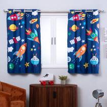 Cortina Quarto Infantil Criança Pequena 2,00x1,40 Varao Simples Menino Foguete Astronauta Azul Marinho