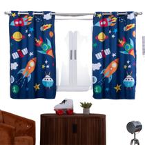 Cortina Quarto Infantil Criança Pequena 2,00x1,40 Varao Simples Menino Foguete Astronauta Azul Marinho
