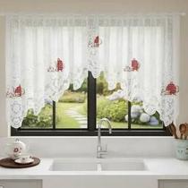Cortina Renda Cascata Cozinha Creme Bule Vermelho 3x1,00 Alt