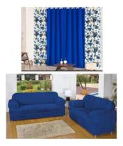 Cortina Rústica 02 Metros Estampada + Kit Capa Sofá 2/3 Lugares P/ Sala Azul