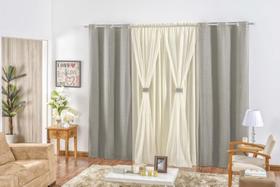 Cortina Rustica 2,00 X 1,70 P/ Janela Sala Ou Quarto Bandô Voil E Malha Cinza