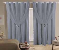 Cortina Sala ou Quarto 3,00m X 2,80m Tecido Microfibra E Voil Cinza Com Fivelas Cromadas