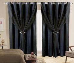 Cortina Sala ou Quarto 4,00m X 2,80m Tecido Microfibra E Voil Preto Com Fivelas Cromadas