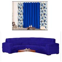 Cortina Sala Ou Quarto Estampada Rústica 2 Metros + Capa Sofá De Canto 6 Lugares Azul