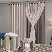 Cortina Sala Quarto Blecaute 2,80m x 2,60m Alt. Linho Bordado, Forro em PVC Blackout Corta Luz com Abraçadeiras Inovi