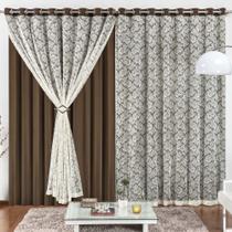 Cortina Serena para Trilho Comum Tecido Renda Floral e Malha 2,00m x 1,70m Sala Quarto - Tabaco - 100% Poliéster