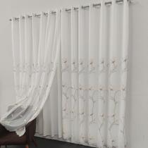 Cortina Sofisticada Voil Bordada Floral Com Forro Microfibra 3,00x2,30