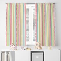 Cortina Tecido Oxford Decorativa Listras e Bolinhas Coloridas - 120x70cm