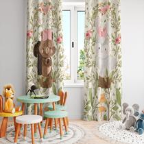 Cortina Tecido Oxford Quarto Infantil Animais Tronco Aquarela- 280x220cm