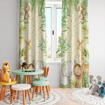 Cortina Tecido Oxford Quarto Infantil Aquarela Animais Folhagens - 280x220cm