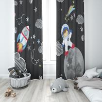 Cortina Tecido Oxford Quarto Infantil Astronauta e Foguete Espaço 280x220cm