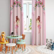 Cortina Tecido Oxford Quarto Infantil Bailarina Listras e Arco Rosa - 280x220cm