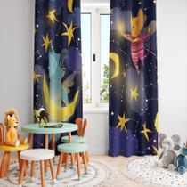 Cortina Tecido Oxford Quarto Infantil Cachorro e Gato ao Espaço Iluminado - 280x220cm