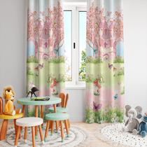 Cortina Tecido Oxford Quarto Infantil Castelo Rosa Jardim Aquarela - 280x220cm