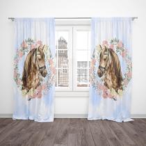 Cortina Tecido Oxford Quarto Infantil Cavalo Aquarela Flores Fundo Azul 280x220cm